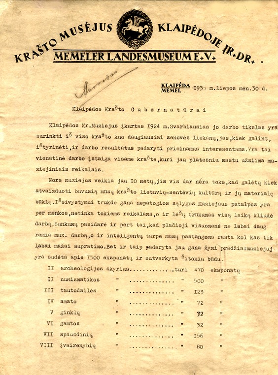 Klaipėdos krašto muziejaus raštas gubernatūrai  1935 m. liepos 30 d.
