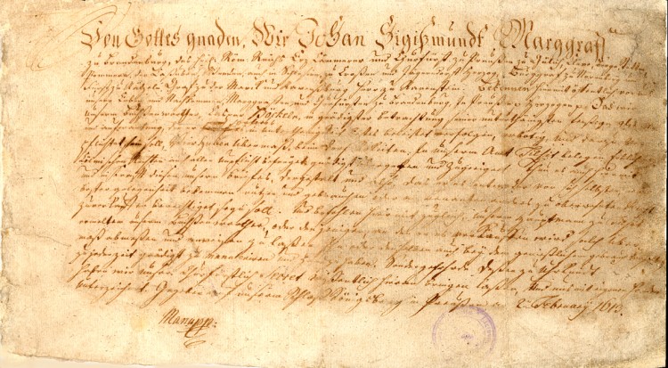 Document from Margrave of Brandenburg to Kursfurst of Prussia. 1613