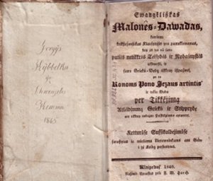 Knygos „Ewangeliškas Malones Dawadas“ titulinis lapas.  ( Klaipėda, F. V. Horcho spaustuvė, 1840 m.)